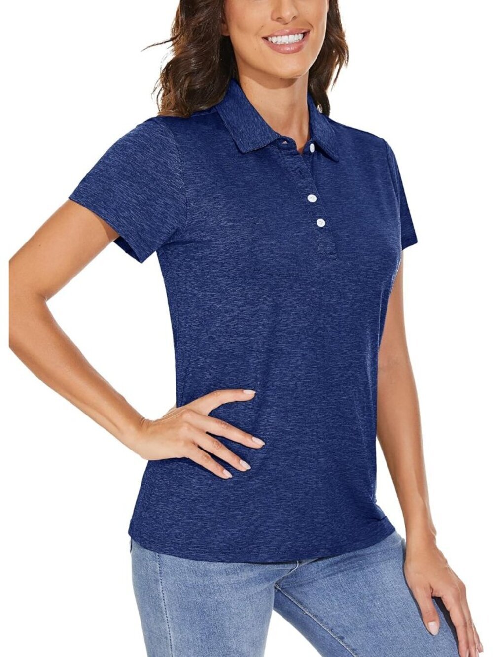 Womens Dark Blue Short Sleeve Golf Shirts 4-Button Quick Dry Collared Top forGym - Picture 2 of 6